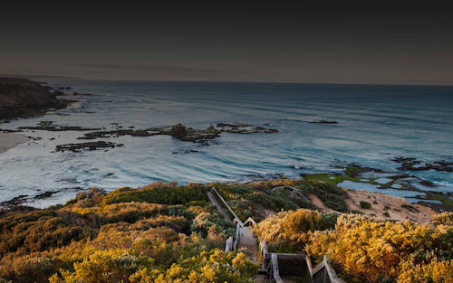 view of mornington peninsula beach with wooden stairs leading down to water