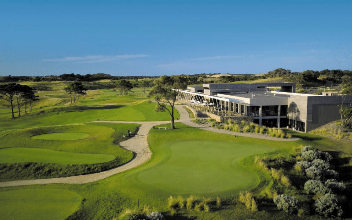 Aerial view of moonah links with golf course and main building