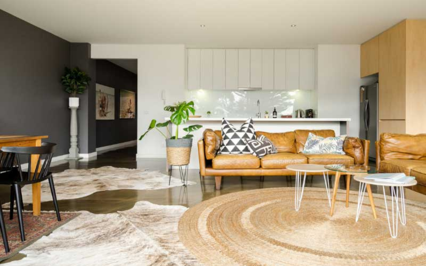 living room kitchen and dining view inside beach house