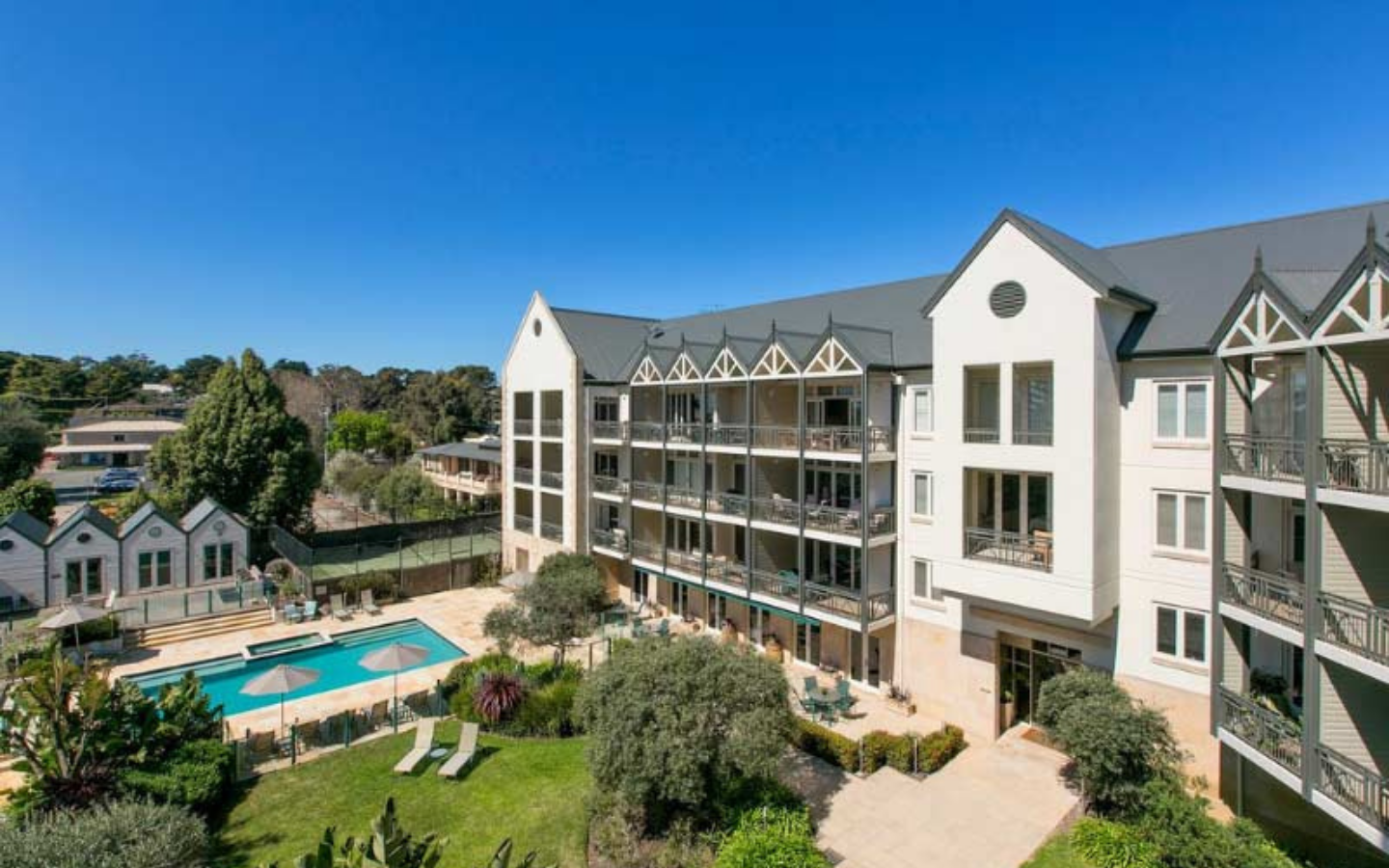 external view of portsea resort with outdoor pool