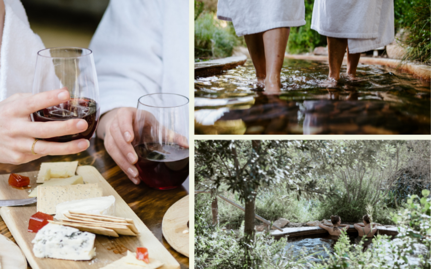 three image; one of two people with cheese and wine, two with two people walking along the reflexology walk in robes, three two girls sitting in a pool with their backs to camera