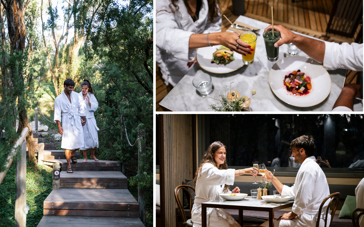 three images; one a couple walking down steps in robes, two and three a couple with food clinking their juice glasses
