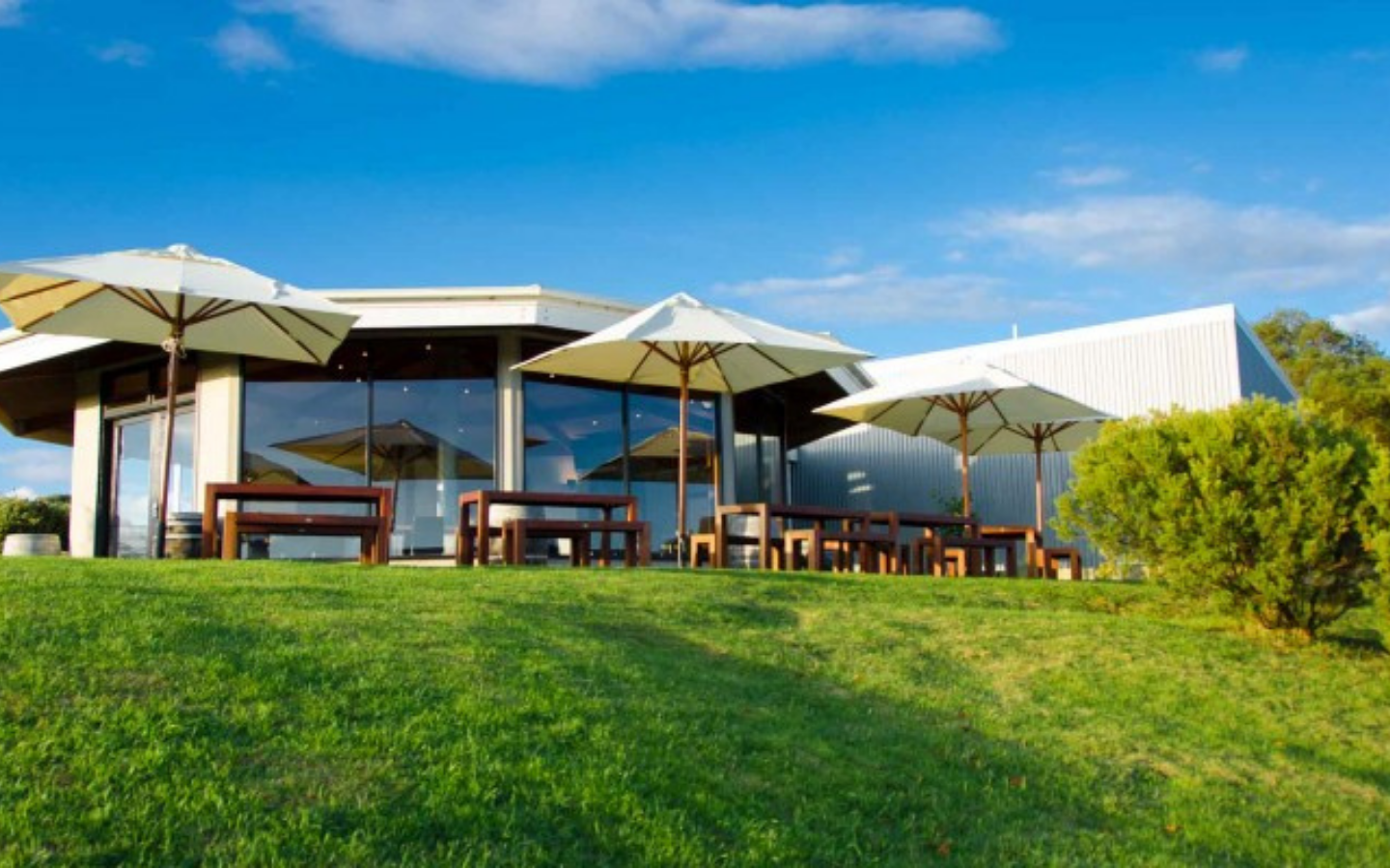 white umbrella on lawn in from of a restaurant