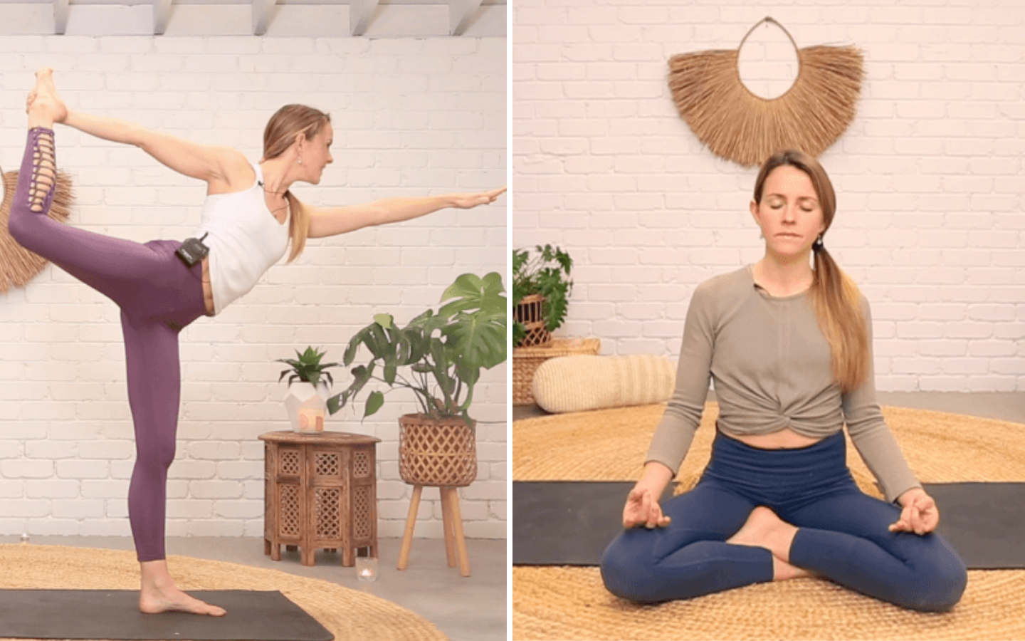 side by side image, girl in warrior one and in cross leg