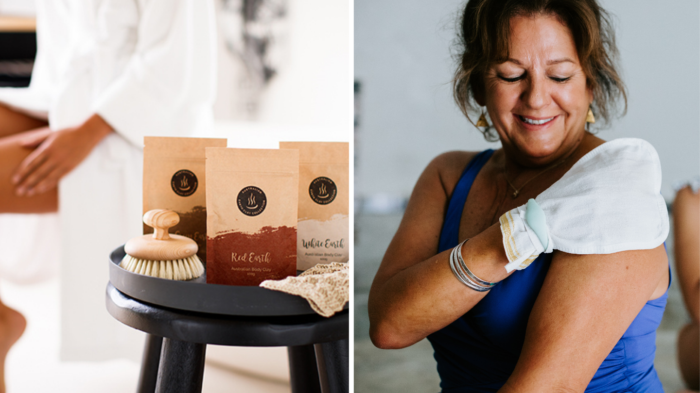 side by side image of body clay products and a woman using a hamam scrub
