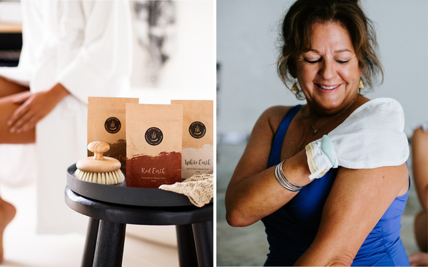 side by side image of body clay products and a woman using a hamam scrub
