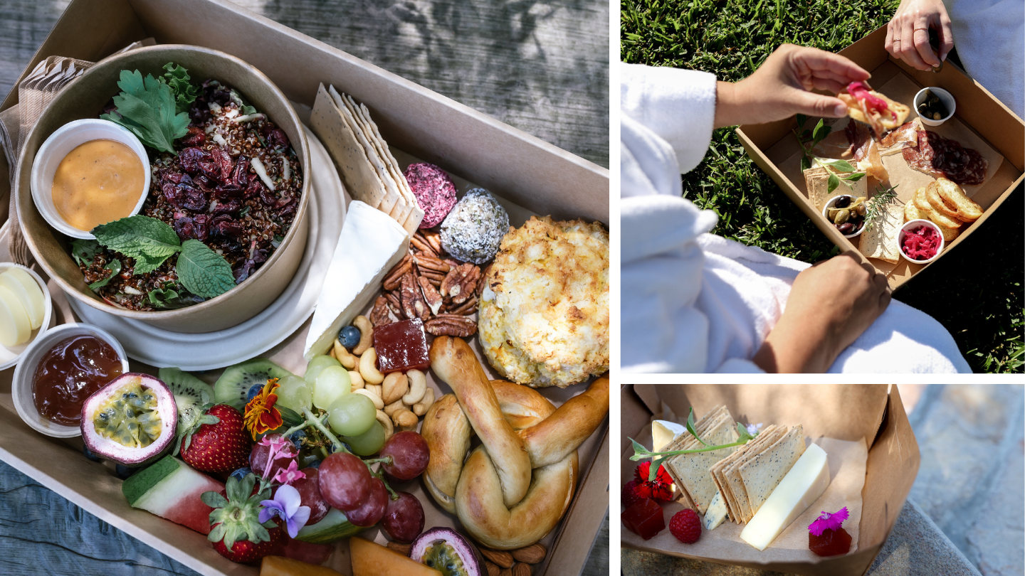 three side by side images; one of a picnic hamper, two of a meat and cheese board and three a selection of cheeses with lavosh