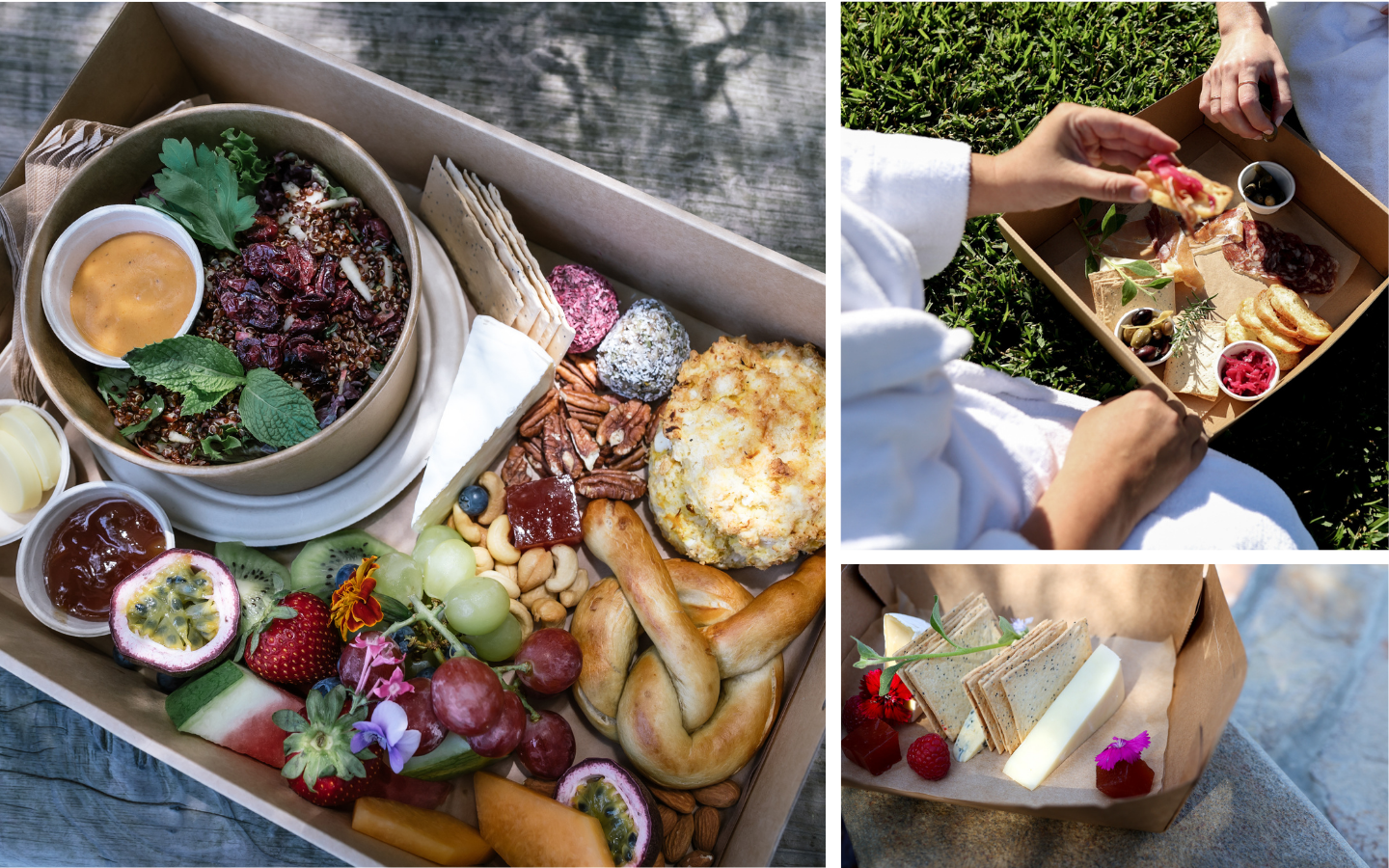 three side by side images; one of a picnic hamper, two of a meat and cheese board and three a selection of cheeses with lavosh