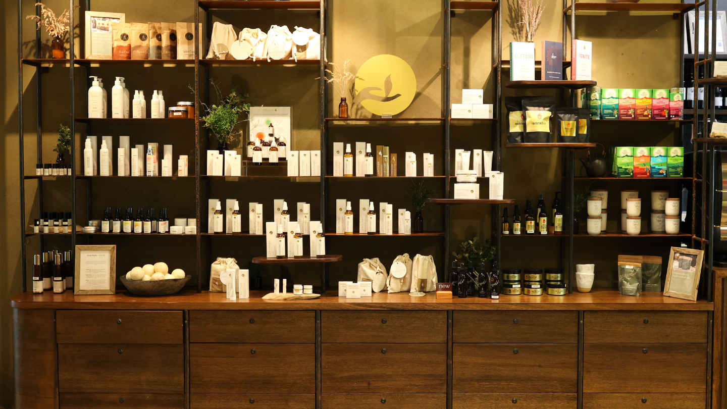 retail shelf display with spa products 