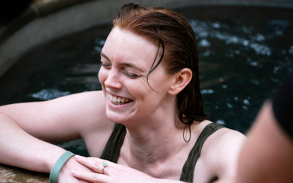 girl laughing in plunge pool