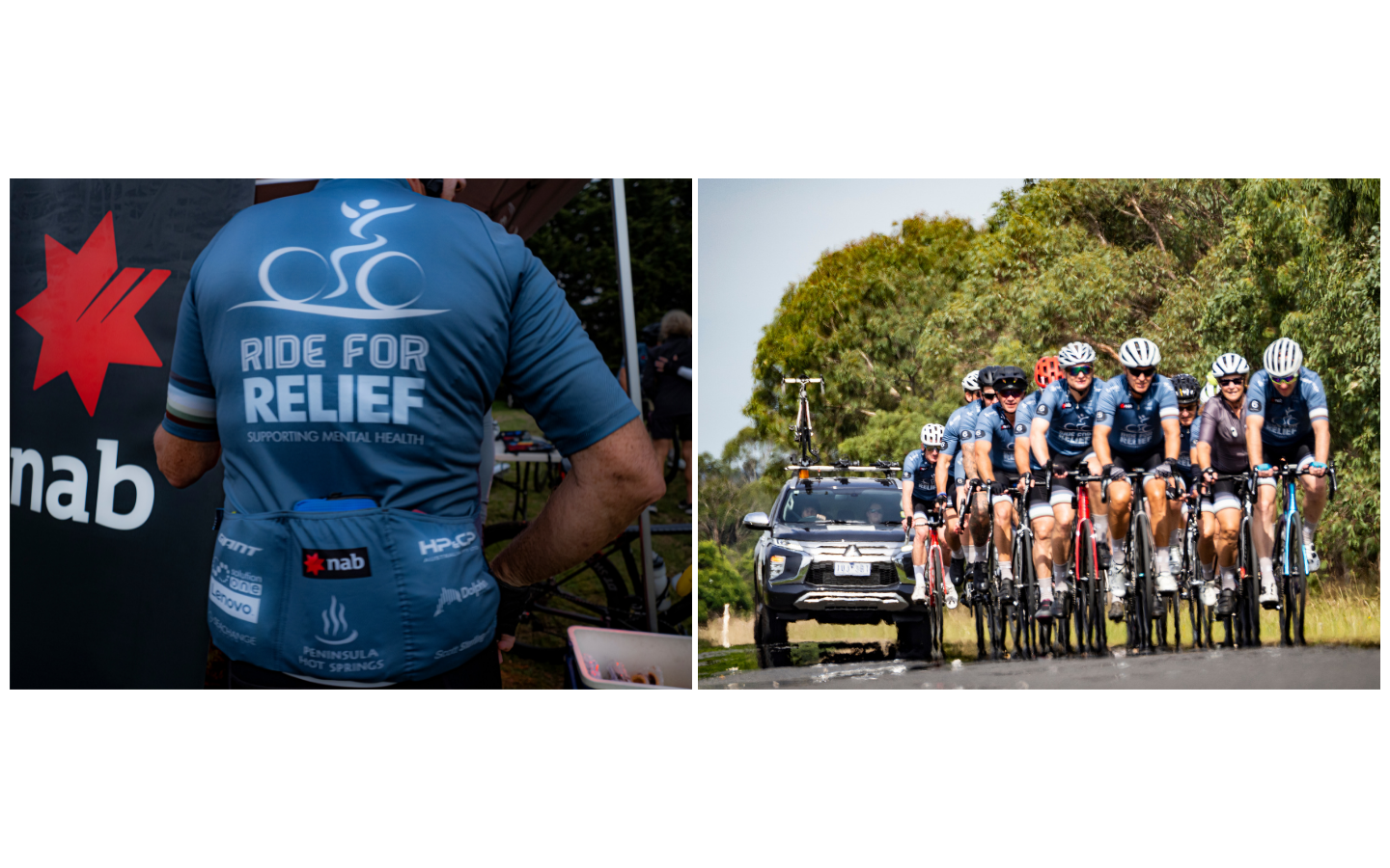 side by side image of a man with a cycling jersey and a group of riders