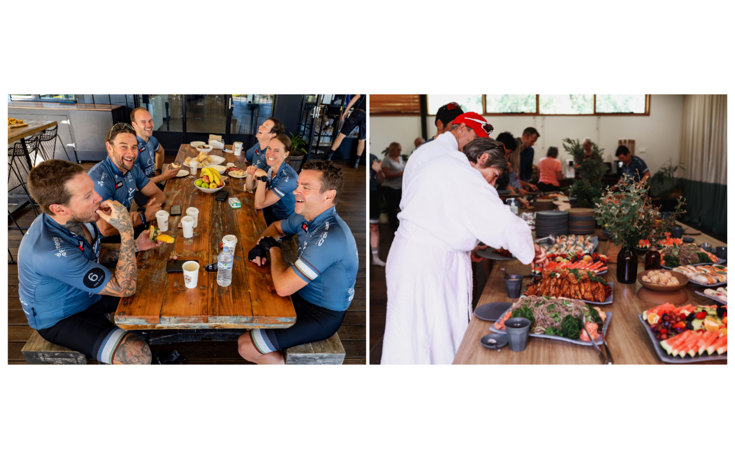 side by side image of group getting food