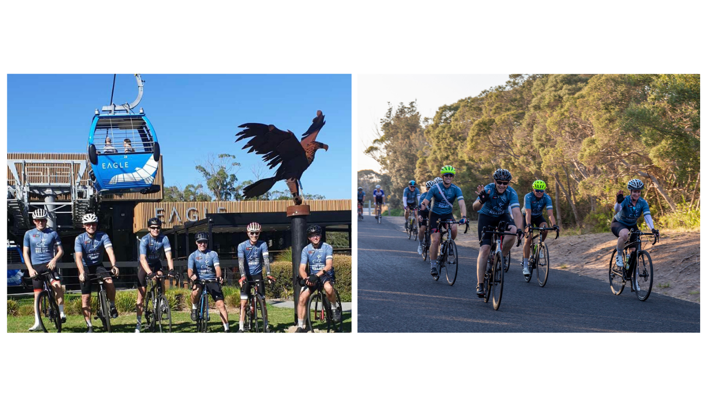 side by side image of cyclists at the front of Eagle Cafe and on the road