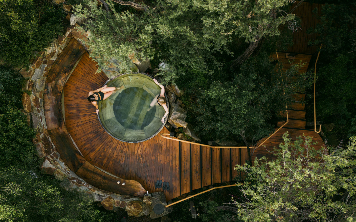 a drone image of two people in a bath