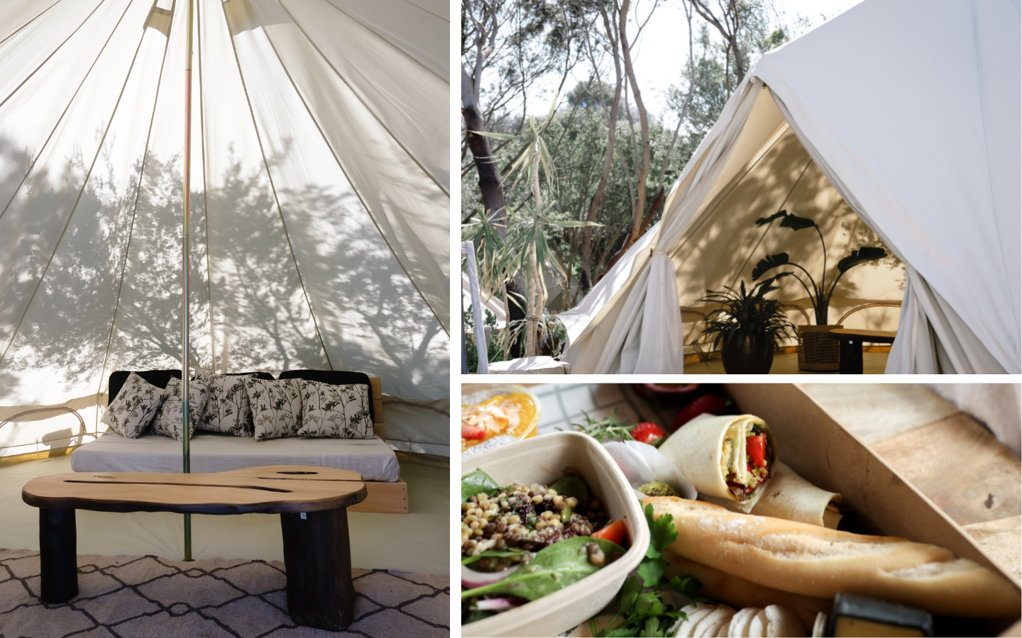 a three image collage of the cabanas