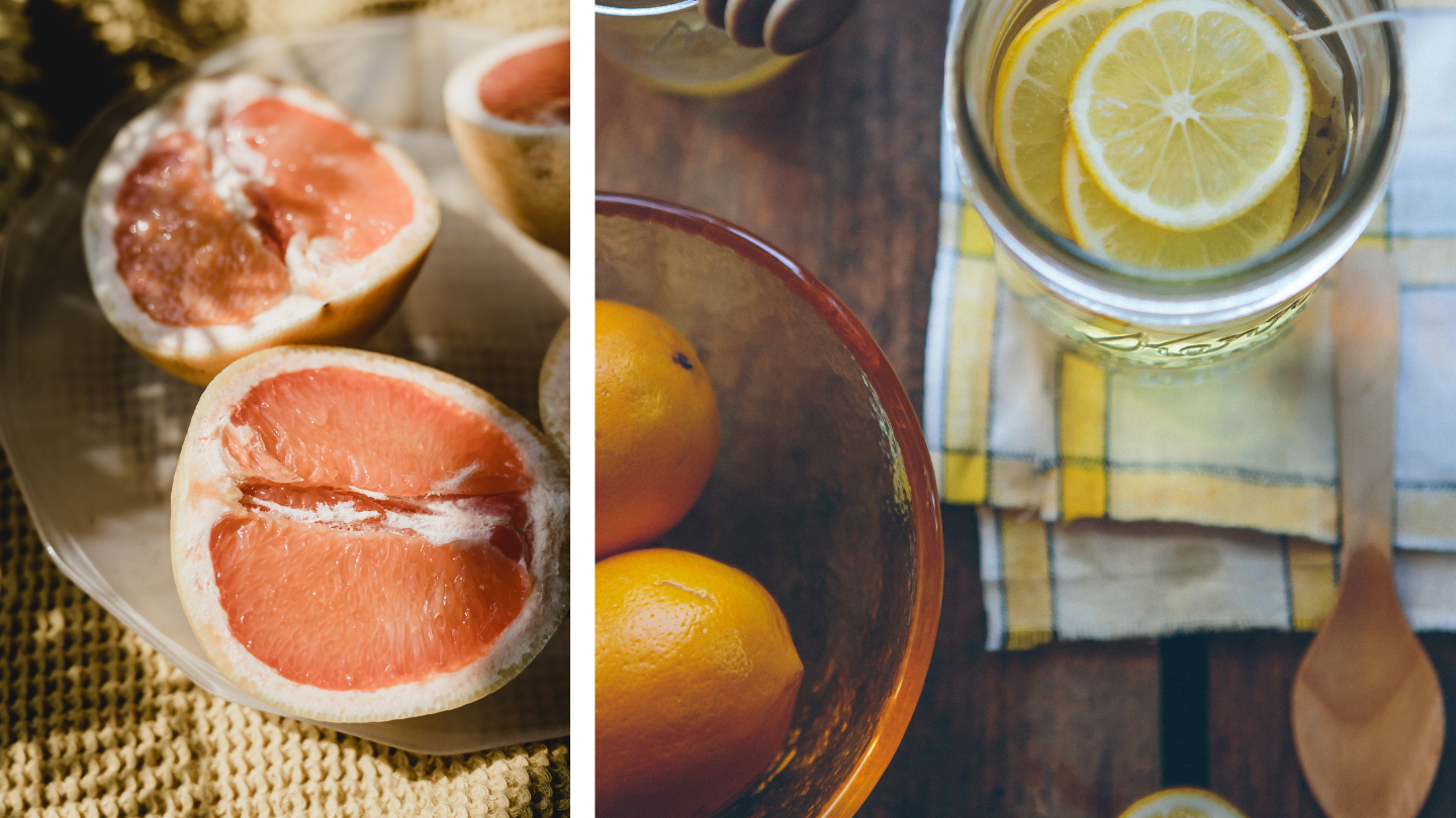 a side by side image of a grapefruit cut in two and a cup of lemon water
