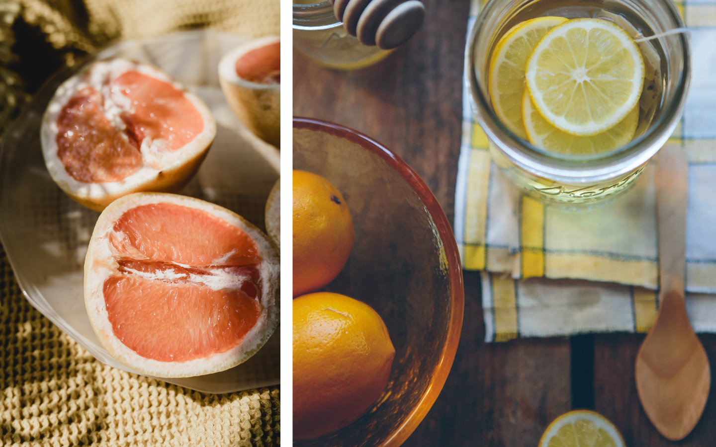 a side by side image of a grapefruit cut in two and a cup of lemon water