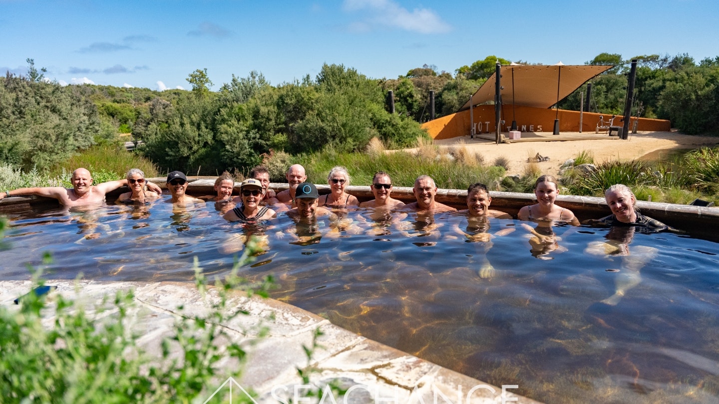Riders enjoying a bathe at Peninsula Hot Springs