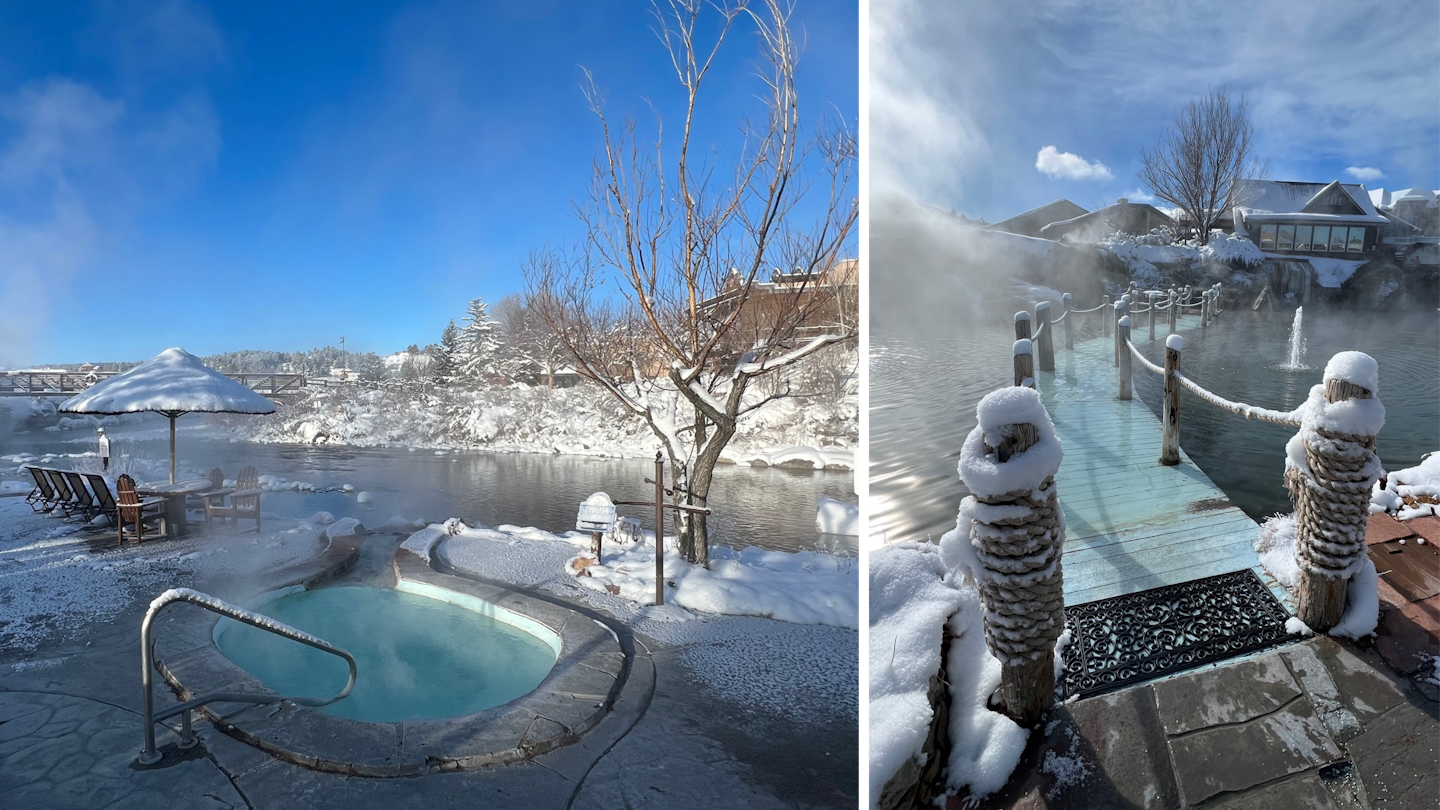 an image of a plunge pool style hot spring and an image of a bridge covered in snow with hot springs underneath