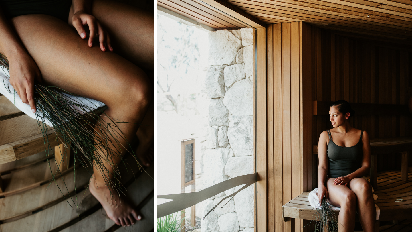 Side by side image of a woman sitting in a sauna and looking out the window of a sauna