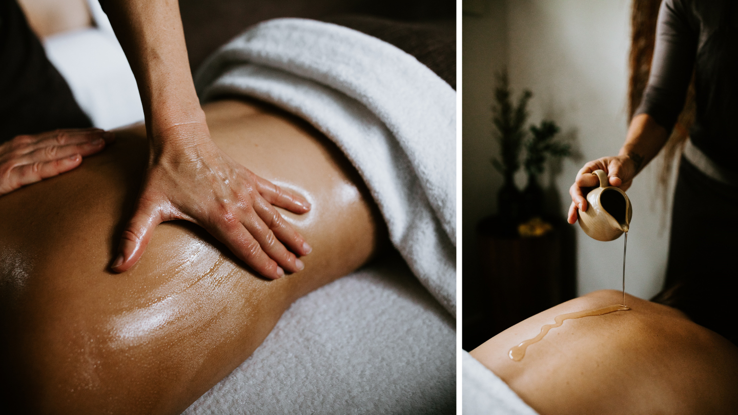 A side by side image of a woman getting massage and of a therapist pouring oil onto a womans back