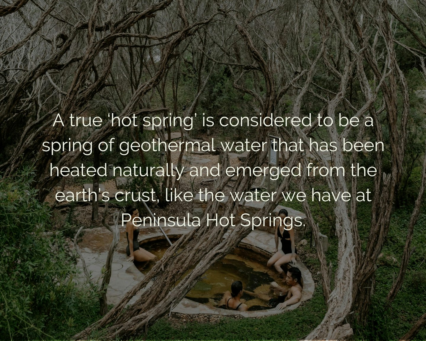 Text "A true ‘Hot Spring’ is considered to be a spring of geothermal water that has been heated naturally and emerged from the earth’s crust, like the water we have at Peninsula Hot Springs" overlaying an image of four friends in a geothermal spa