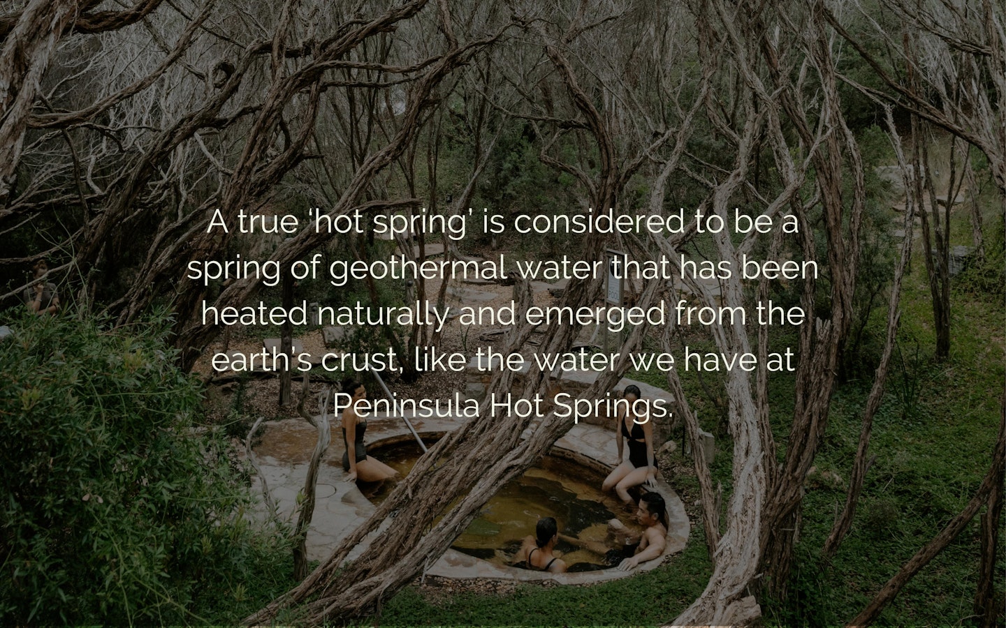 Text "A true ‘Hot Spring’ is considered to be a spring of geothermal water that has been heated naturally and emerged from the earth’s crust, like the water we have at Peninsula Hot Springs" overlaying an image of four friends in a geothermal spa