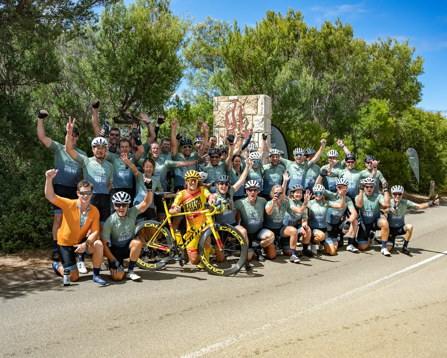 A group of cyclists who just completed Ride for Relief 2023
