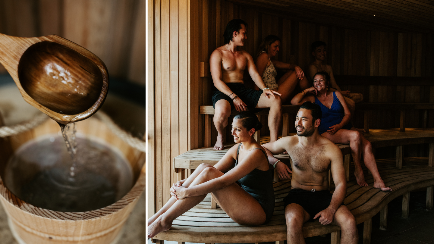 a bucket with water and a group of people in a sauna