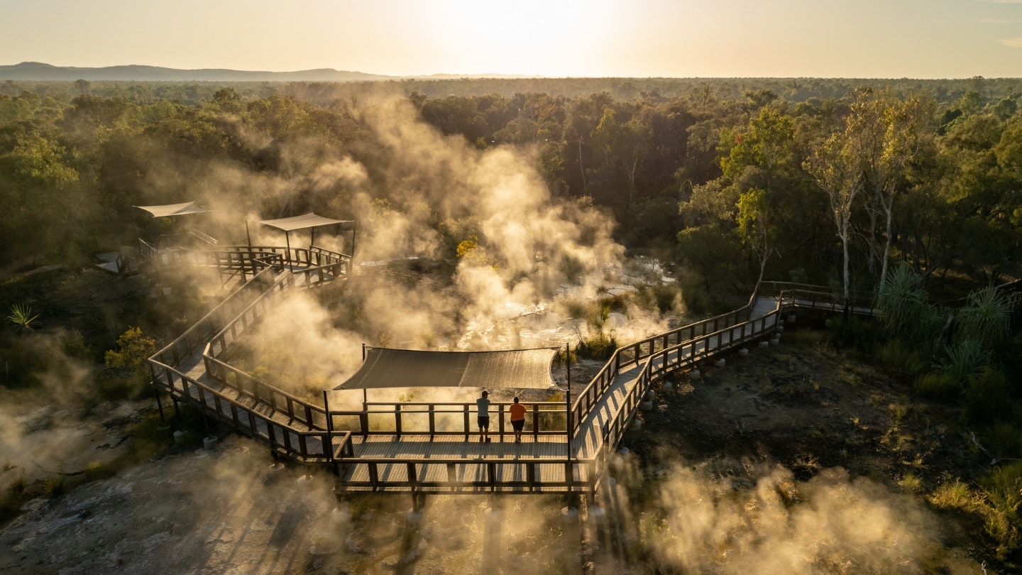 Hot Springs with steam covering a boardwalk