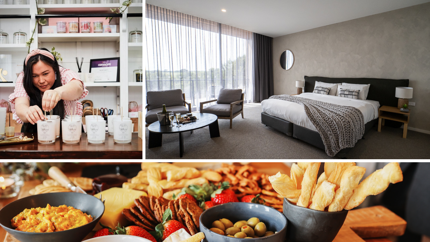 A collage of images; Red Hill Candle Co, The Dunes accommodation