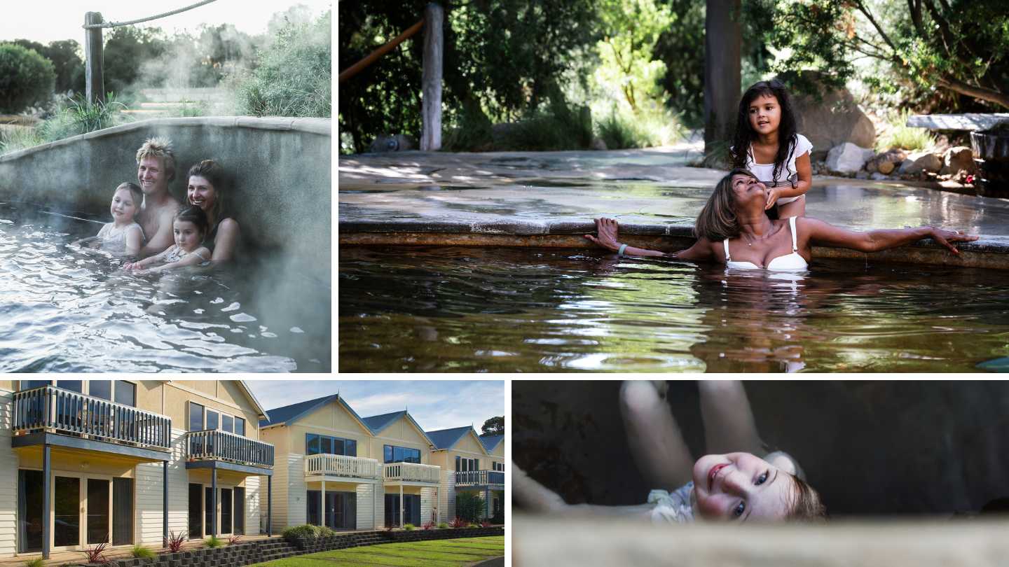 A collage of images; Peninsula Hot Springs & Boathouse Resort