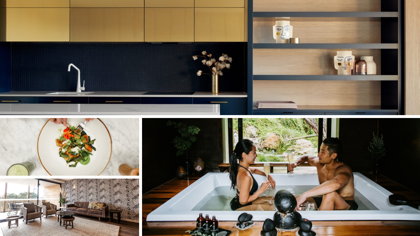 A collage of images; Carmels at Sorrento & Peninsula Hot Springs private bathing and dining