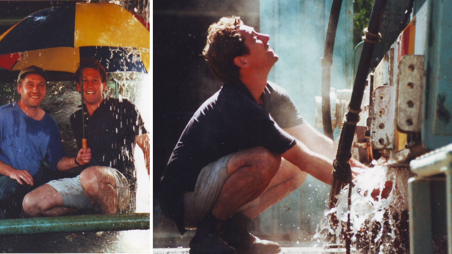 A side by side image of two men standing under an umbrella while geothermal water sprays above; a man finding geothermal springs from a pump