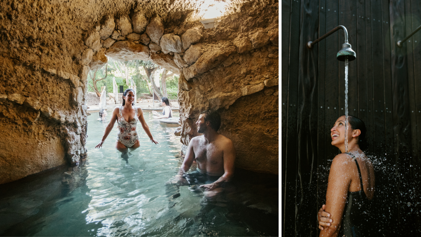 A Japanese inspired cave pool next to a woman in standing underneath a Nepalese inspired shower