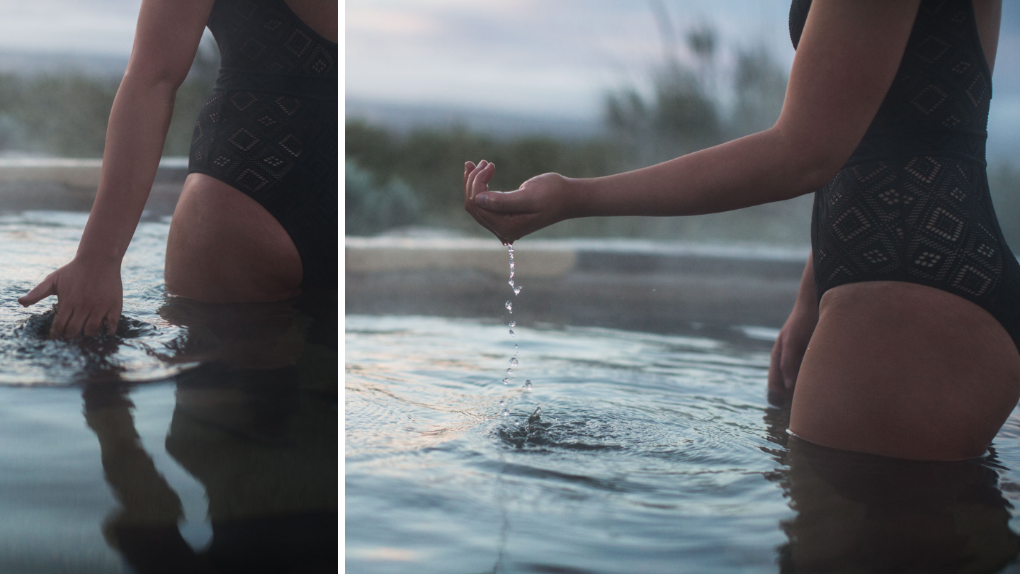 Side by side image of a woman holding her hand through water
