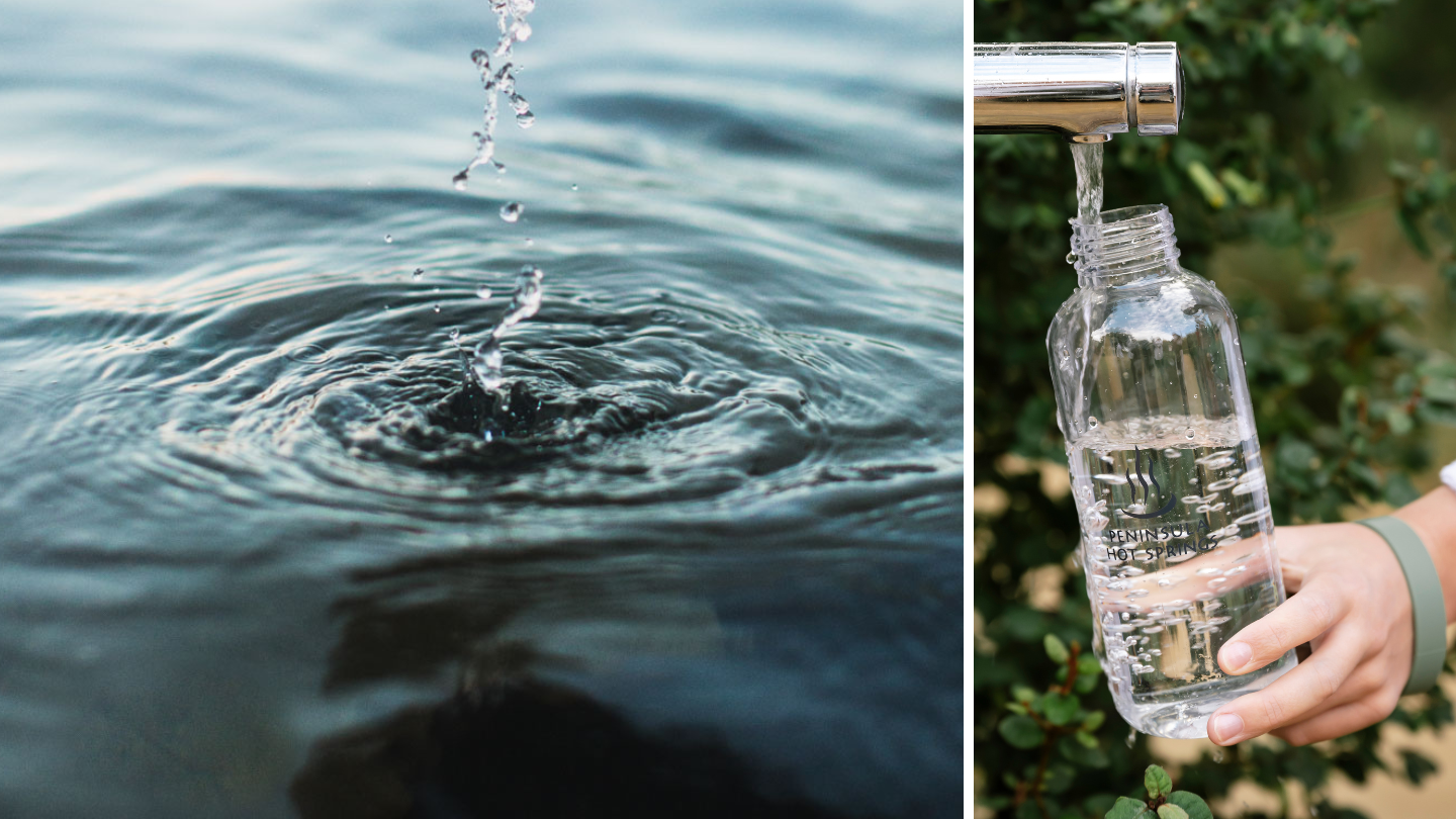 A side by side image of a drop of water close up and a water bottle being filled with Beautiful Water from a bubbler