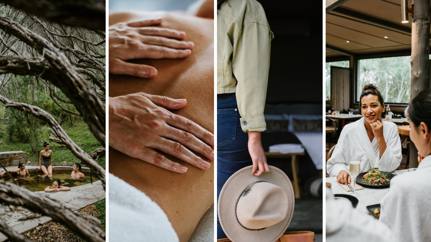 A collage of bathing, spa, accommodation and dining