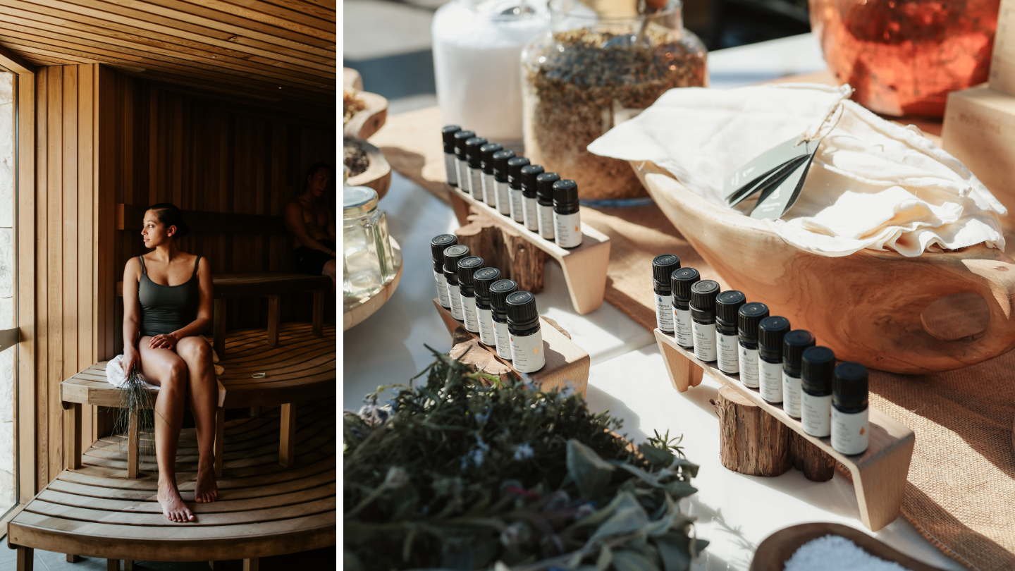 A woman in a sauna and a Apothecary workshop