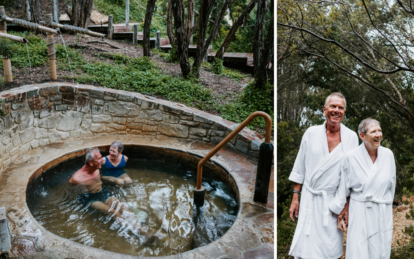 An elderly couple walking through the bathing area