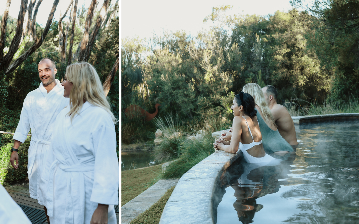 A group of friends walking the boardwalk and bathing in geothermal springs
