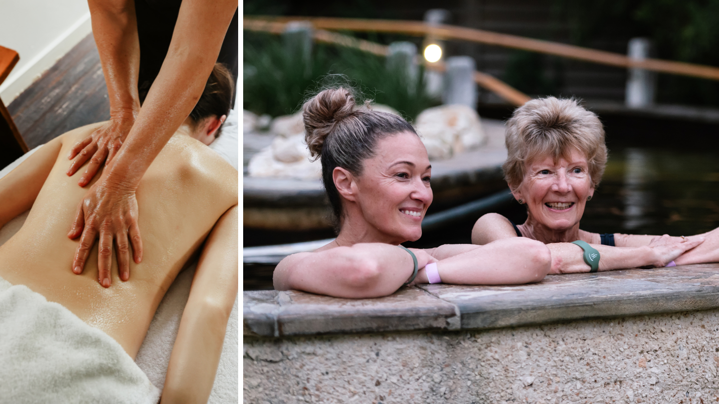 A side by side image of a woman getting a back massage and two women geothermal bathing in the amphitheatre