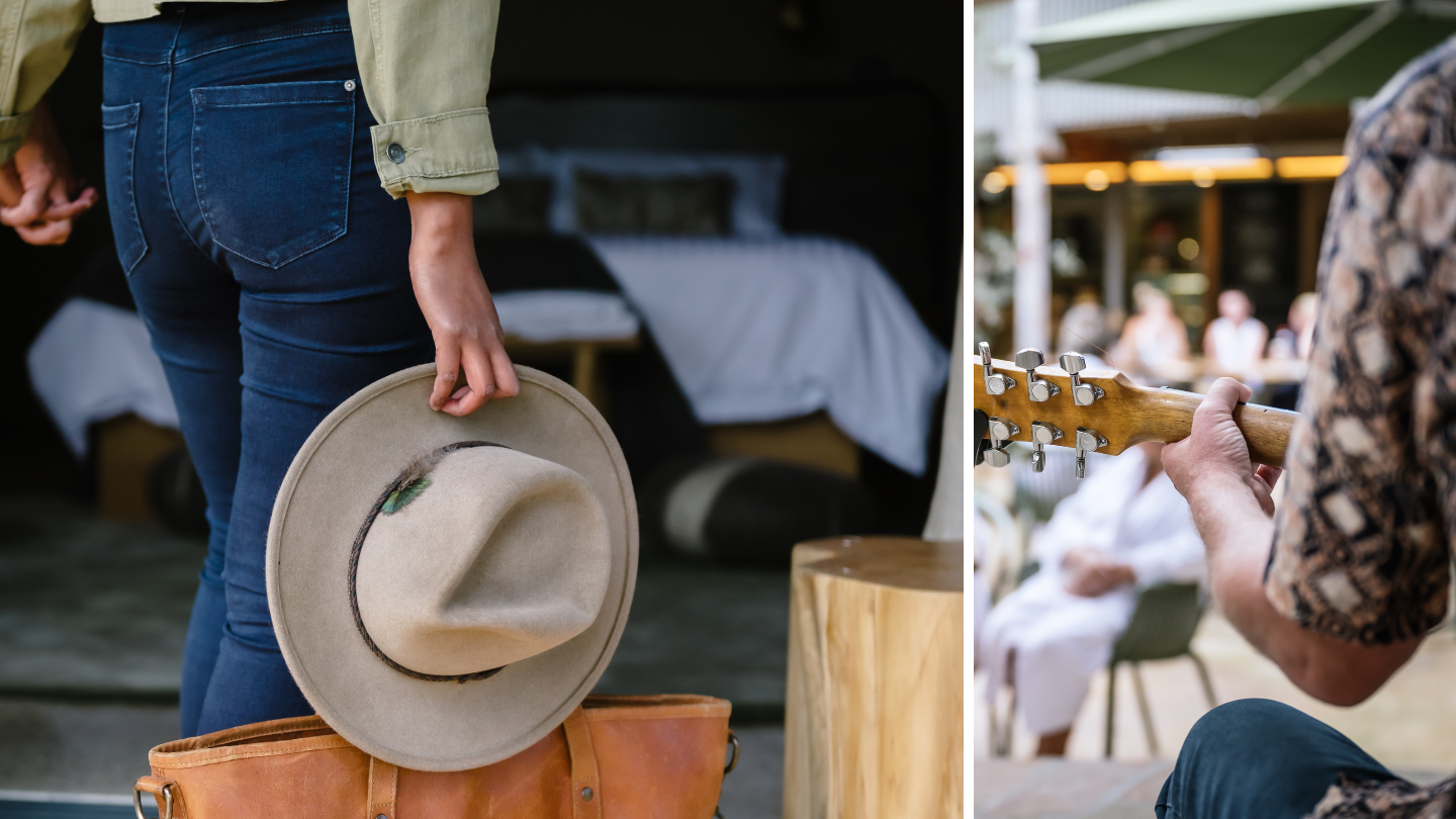 Side by side image of a woman walking into a Glamping tent and a man playing guitar on the Bath House stage