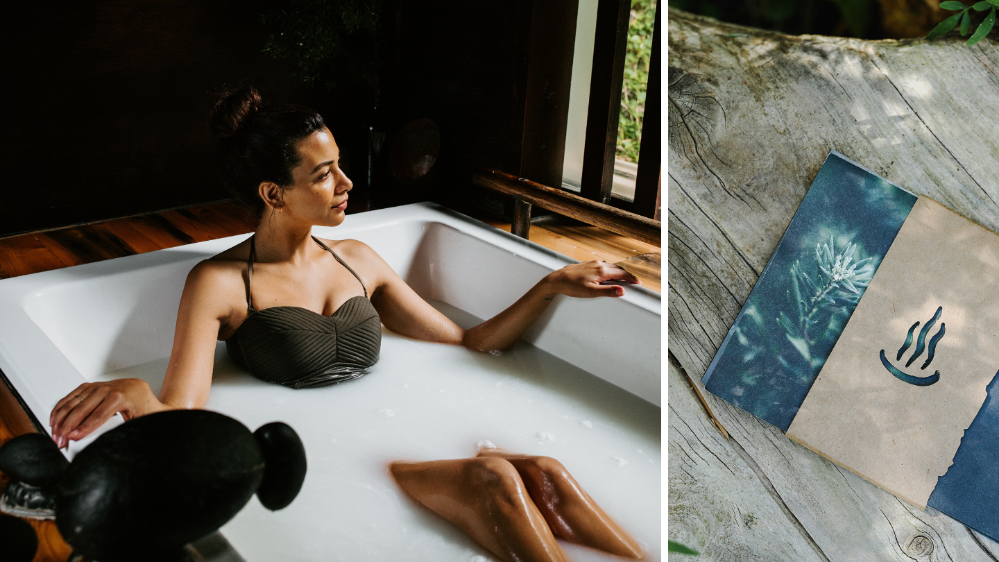 Side by side image of a woman having a private bath and a Peninsula Hot Springs gift certificate