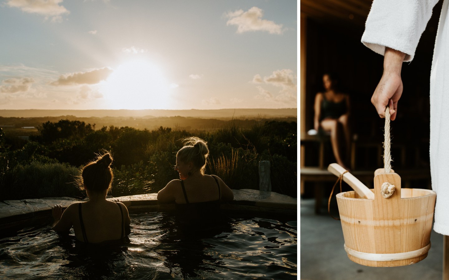 Side by side image: hilltop and a sauna