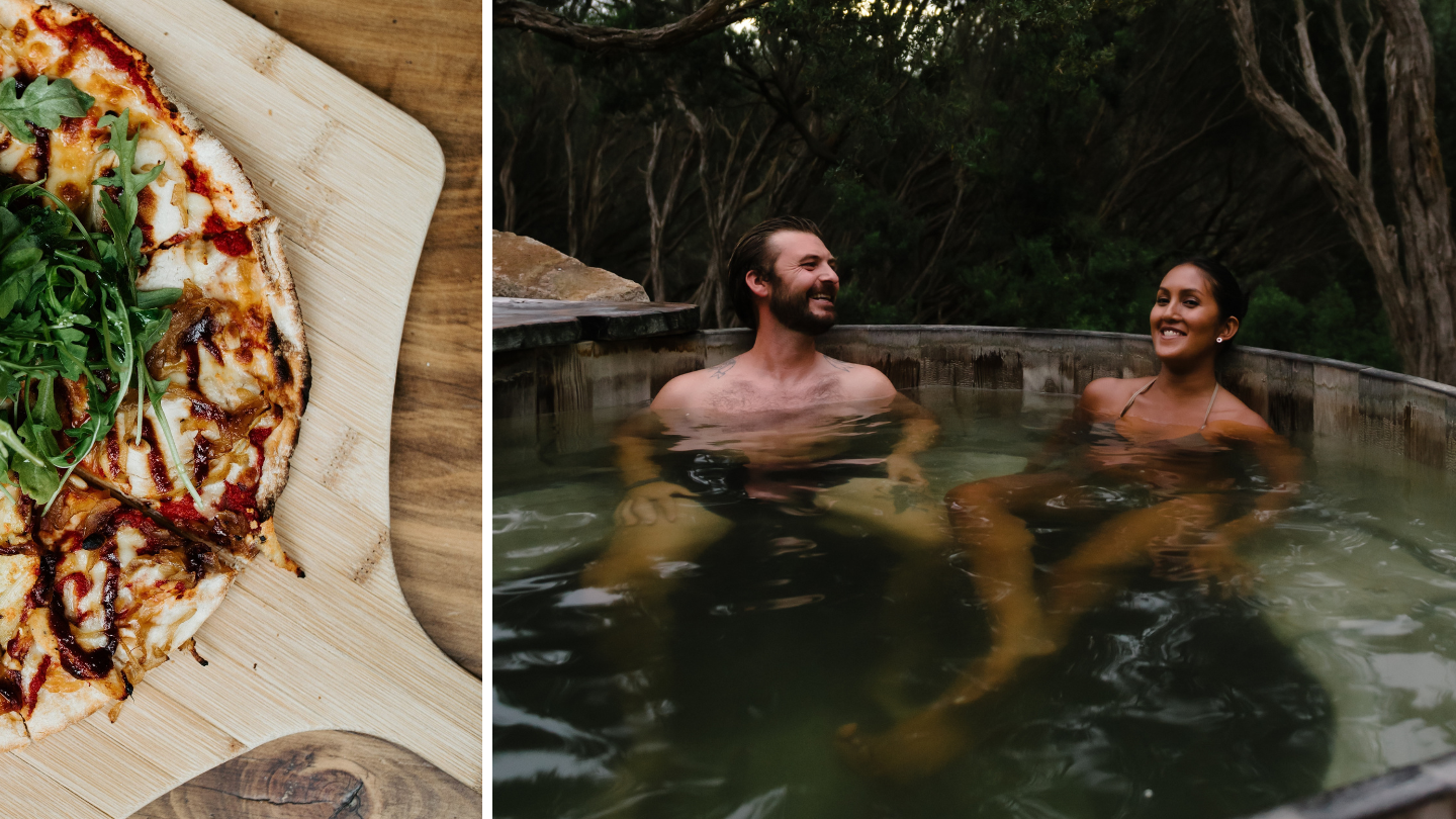 Side by side image: pizza and two people bathing at twilight