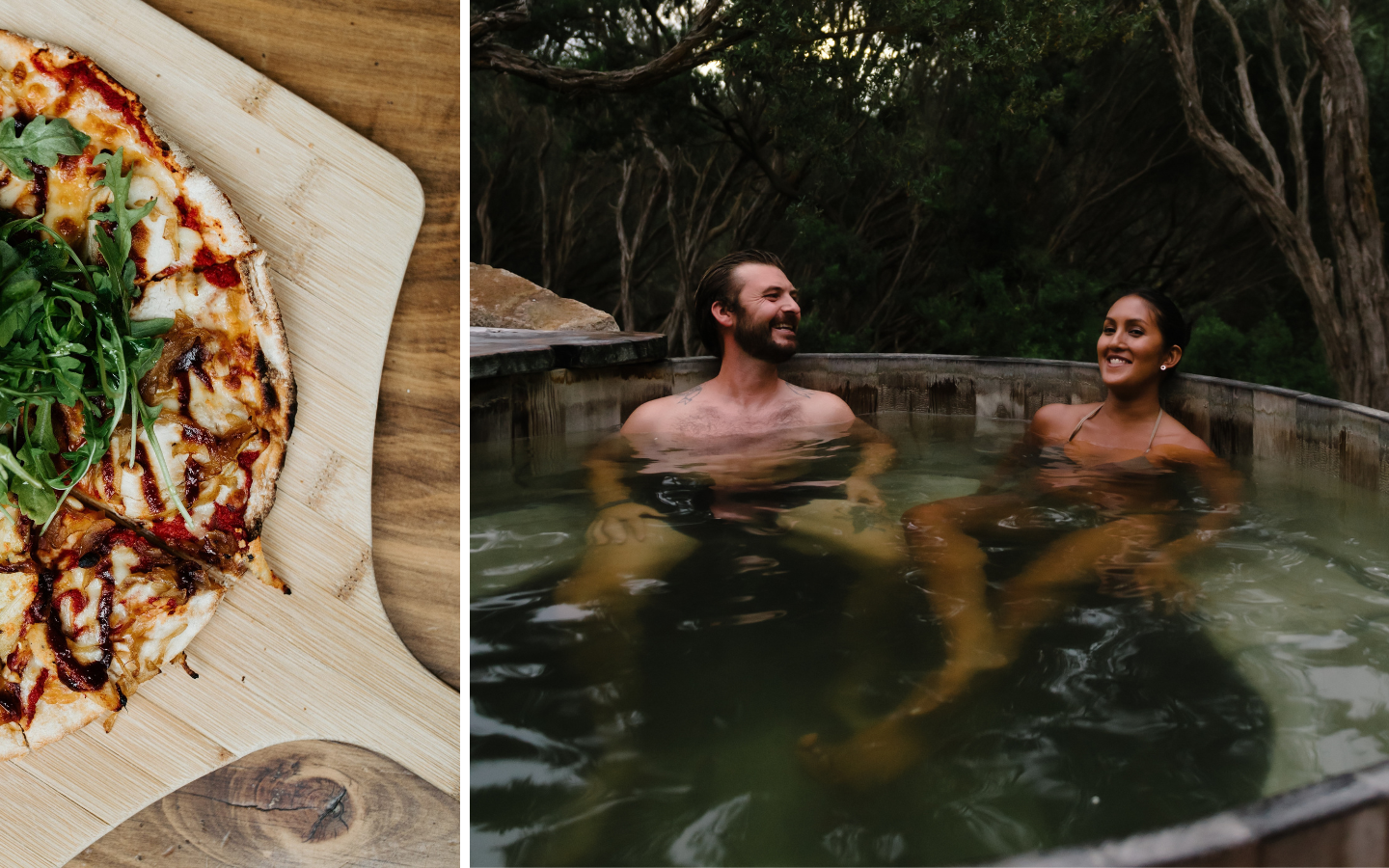 Side by side image: pizza and two people bathing at twilight