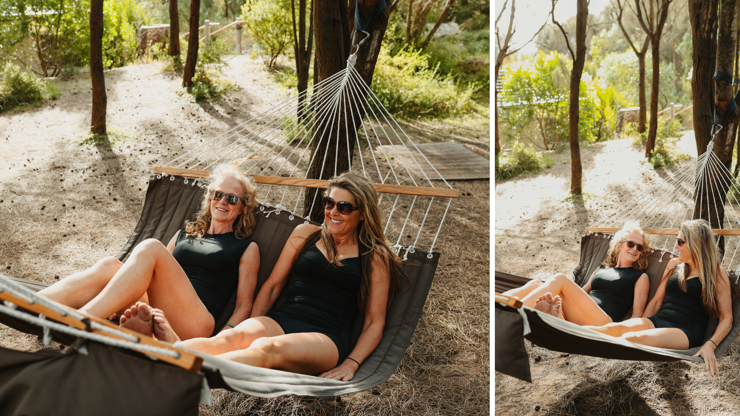 Friends chatting on a hammock