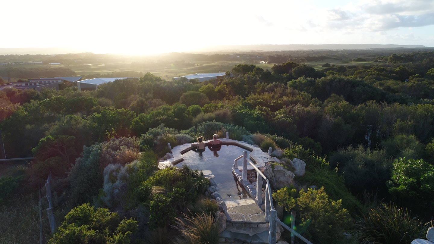 Bath House Hilltop pool drone shot