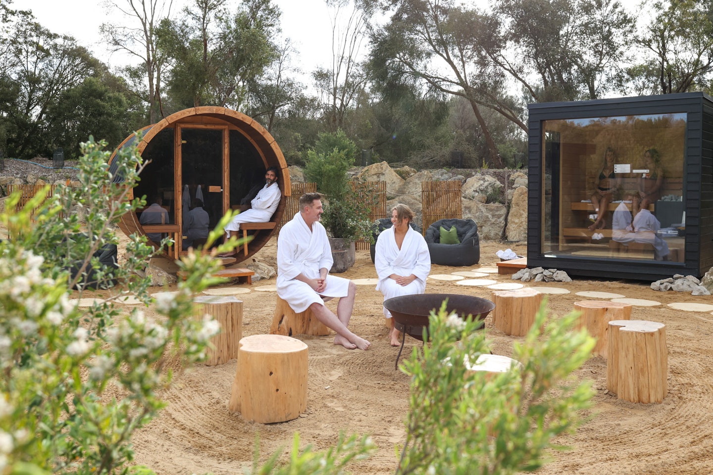 A wide shot of the sauna space